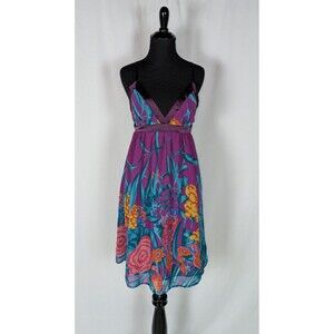 Forever 21 Dress S Women's Purple Floral Vneck Satin Trim Strappy Babydoll Y2K